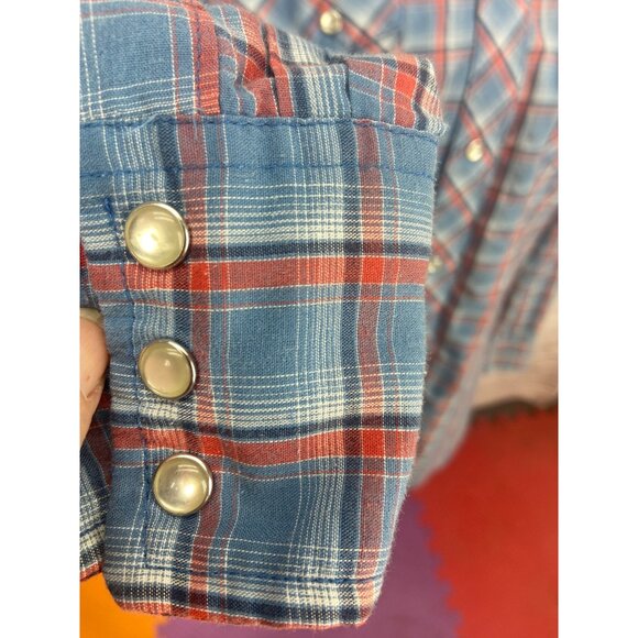 Men's Blue Red‎ Plaid Wrangler Shirt White Pearl Snap Closure Long Sleeve Cowboy - Picture 4 of 7